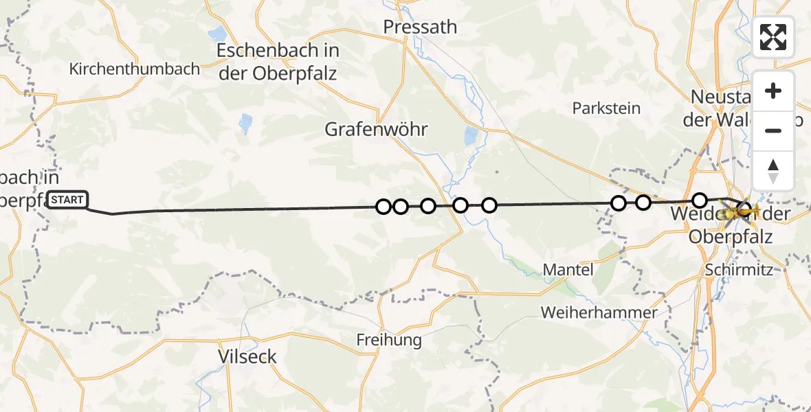 Flugroute Rettungshubschrauber Grafenwöhr - Weiden Hospital Heliport, 17 Februar 2026, 16:31
