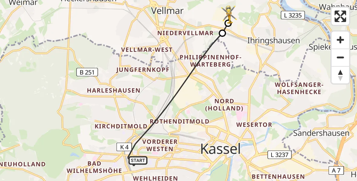Routekaart van de vlucht: Rettungshubschrauber nach Fuldatal Federal Police Heliport