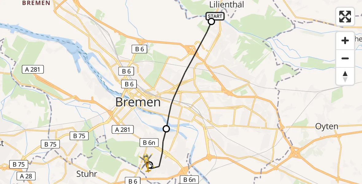 Flugroute Rettungshubschrauber Lilienthal - ADAC Air Rescue Station Bremen Heliport (Christoph 6), 17 Februar 2026, 16:36