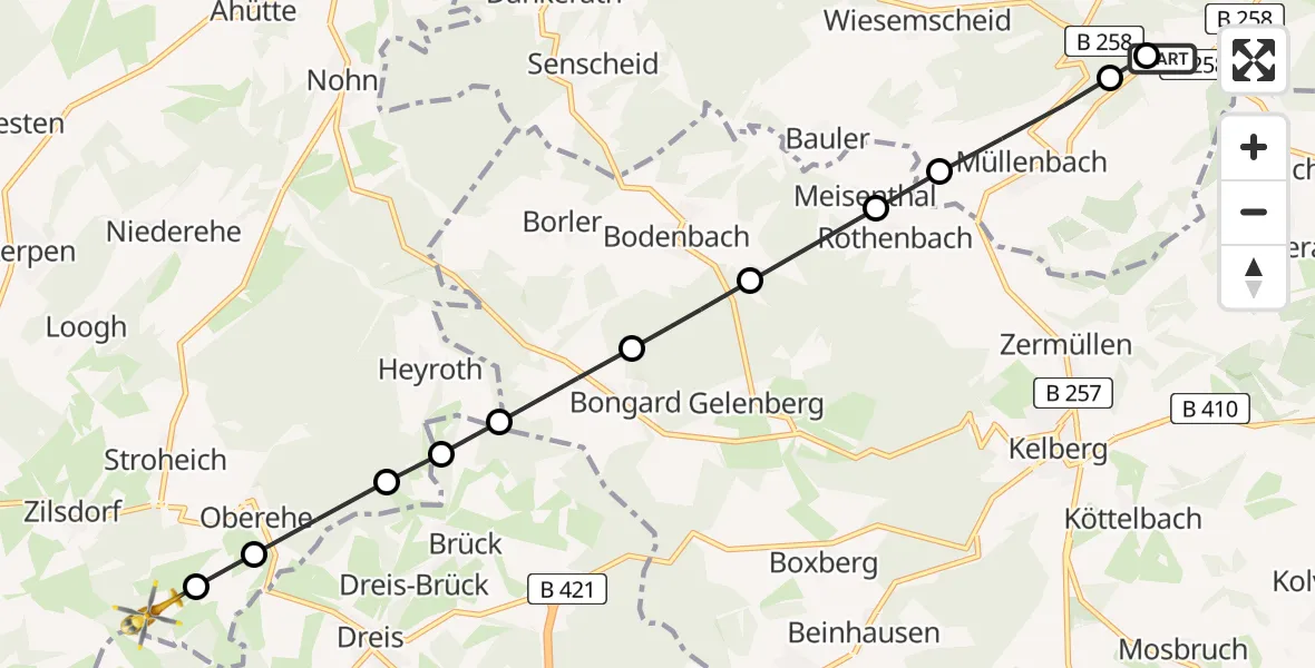 Flugroute Ambulanzhubschrauber Nürburgring Heliport - Betteldorf, 17 Februar 2026, 16:44