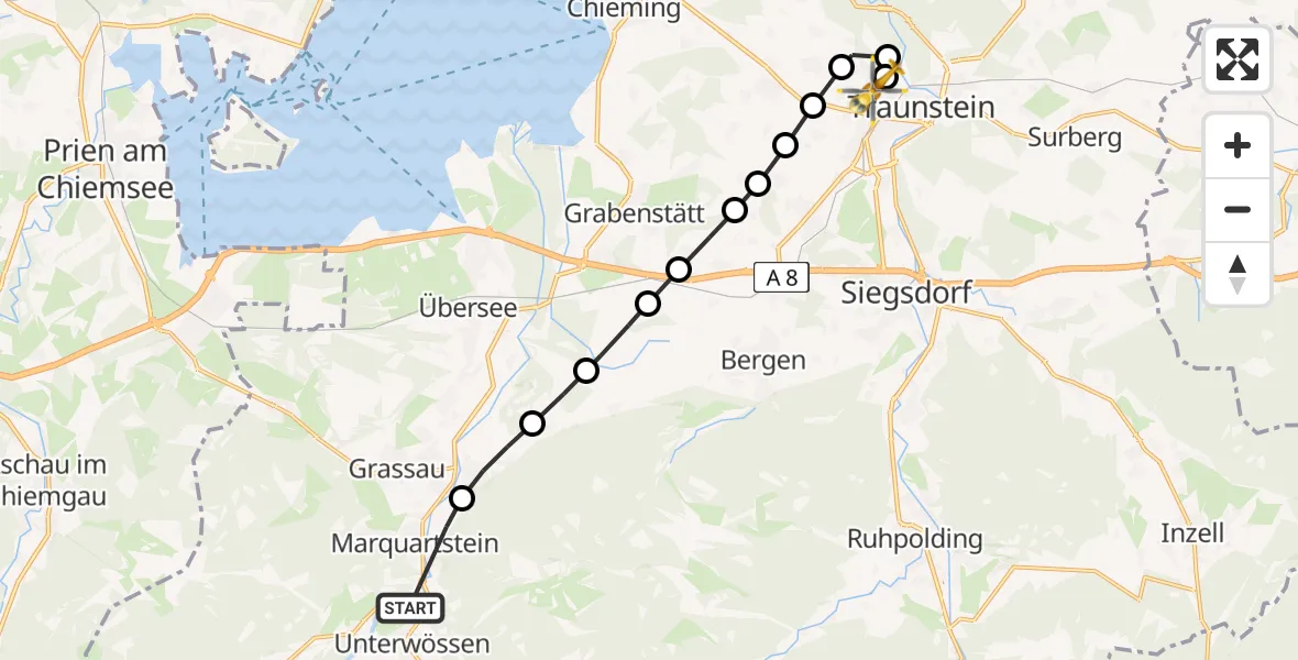 Flugroute Rettungshubschrauber Marquartstein - Traunstein Hospital Helipad, 17 Februar 2026, 16:45