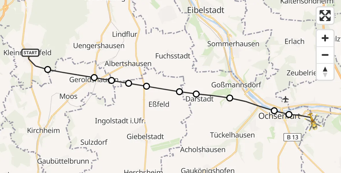 Flugroute Rettungshubschrauber Kleinrinderfeld - Ochsenfurt, 17 Februar 2026, 16:52