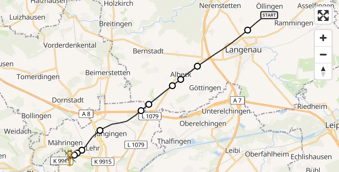 Flugroute Rettungshubschrauber Öllingen - ADAC Air Rescue Station Ulm (Christoph 22), 17 Februar 2026, 16:58
