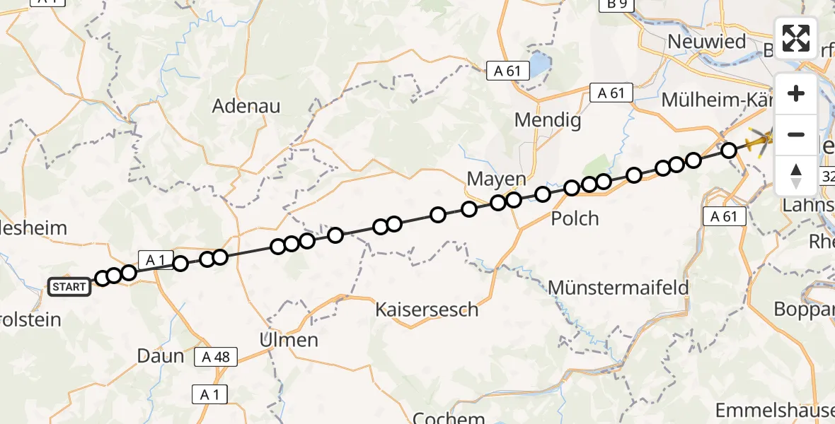 Flugroute Ambulanzhubschrauber Hohenfels-Essingen - Rübenach, 17 Februar 2026, 17:07