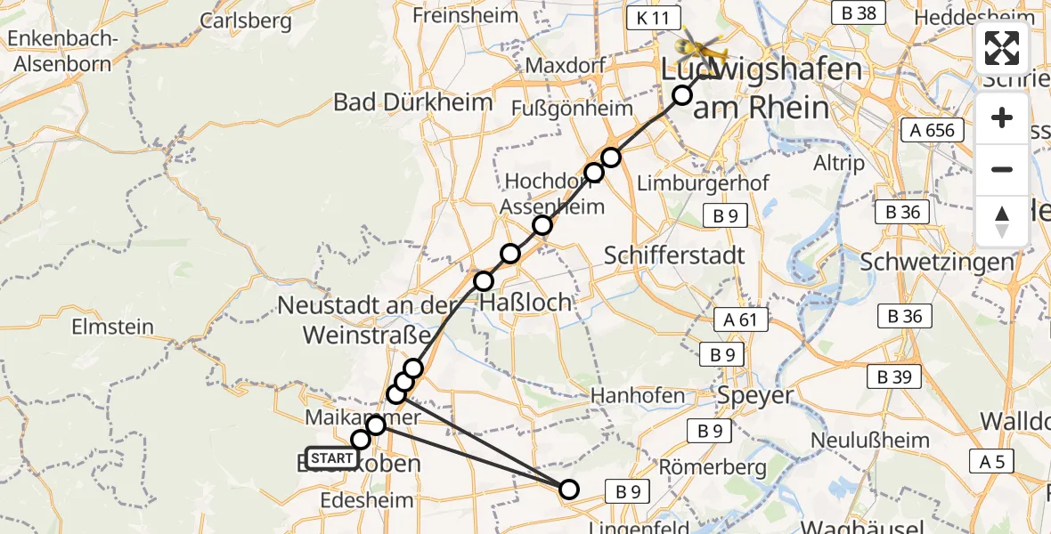 Flugroute Rettungshubschrauber Edenkoben - Ludwigshafen Accident Hospital Heliport, 17 Februar 2026, 17:10