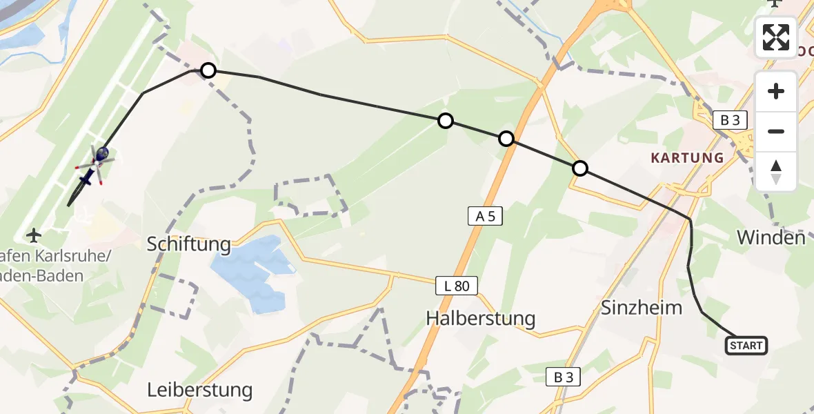 Routekaart van de vlucht: Polizeihubschrauber nach Karlsruhe Baden-Baden Airport