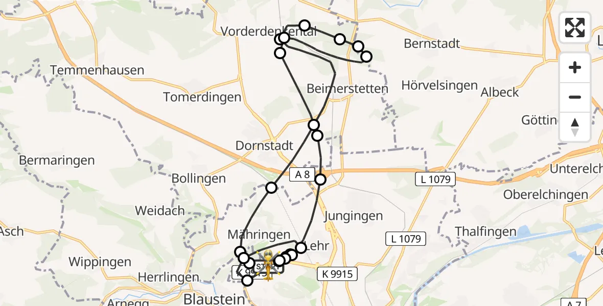 Flugroute Rettungshubschrauber ADAC Air Rescue Station Ulm (Christoph 22) - ADAC Air Rescue Station Ulm (Christoph 22), 17 Februar 2026, 18:42