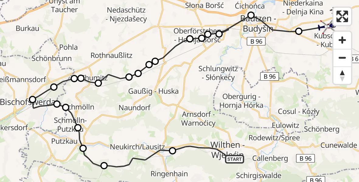 Flugroute Polizeihubschrauber Wilthen - Baschütz, 17 Februar 2026, 18:42