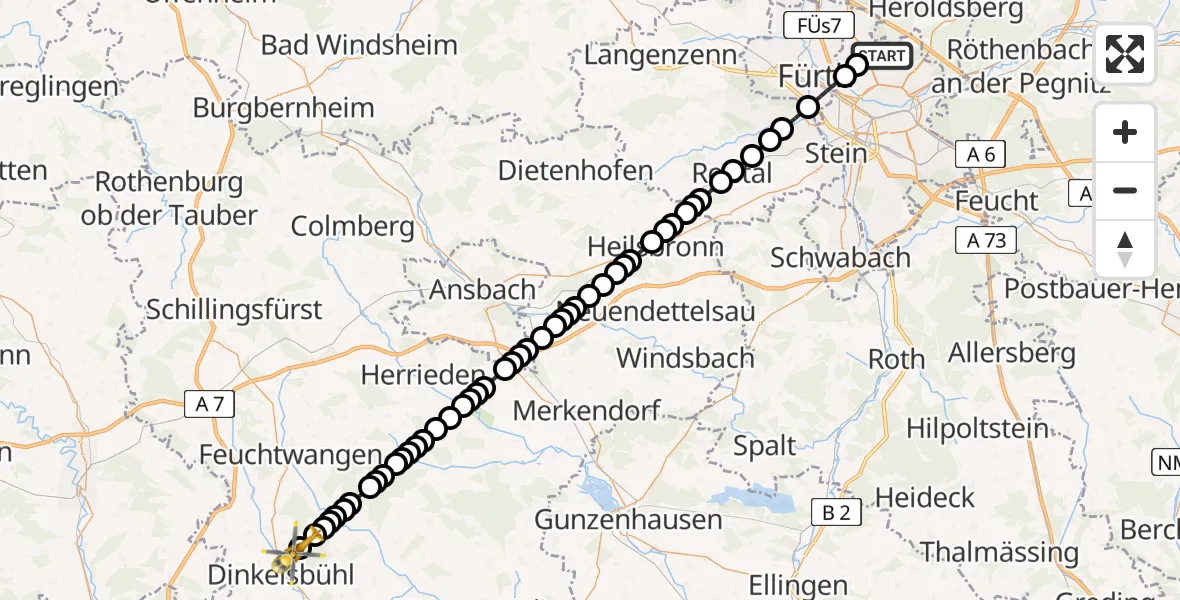 Flugroute Ambulanzhubschrauber Nuremberg Airport - Dinkelsbühl, 17 Februar 2026, 18:52
