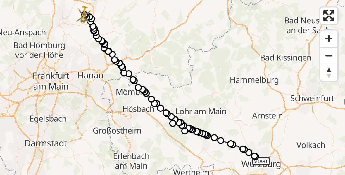 Flugroute Ambulanzhubschrauber Würzburg - Reichelsheim, 17 Februar 2026, 19:56