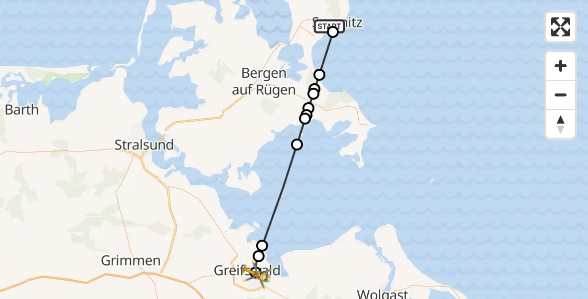 Flugroute Rettungshubschrauber Sassnitz - Greifswald Hospital Heliport, 17 Februar 2026, 20:00
