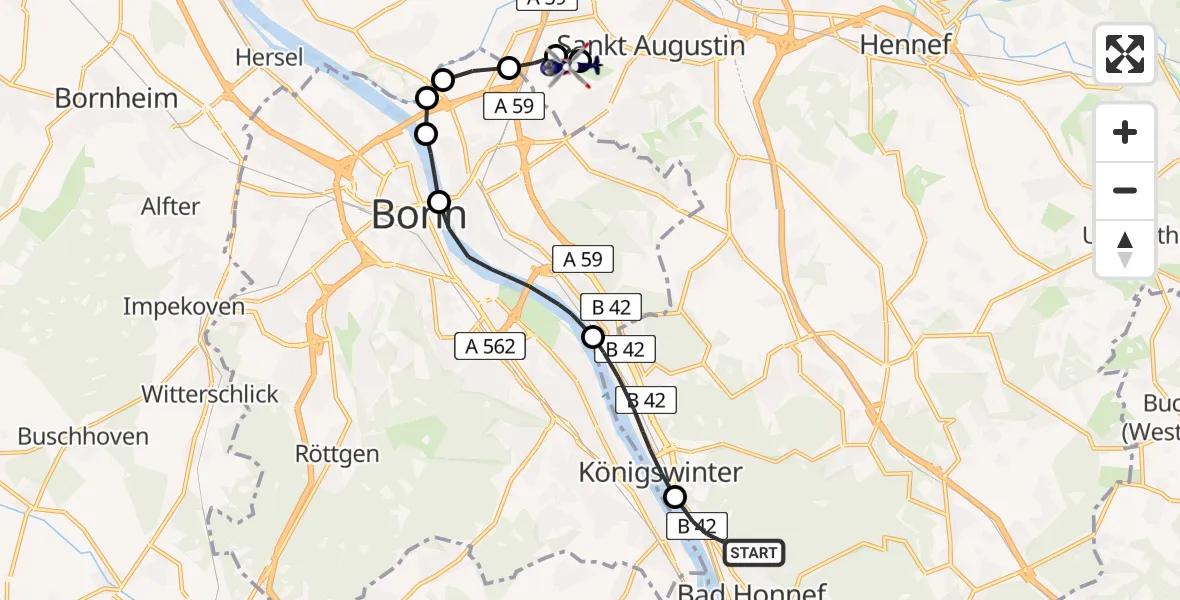 Flugroute Polizeihubschrauber Bad Honnef - Bonn-Hangelar Airfield, 17 Februar 2026, 21:01
