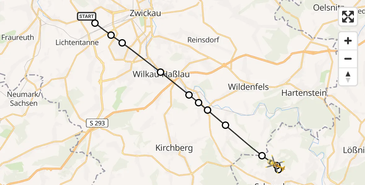 Flugroute Rettungshubschrauber ADAC Air Rescue Station Zwickau Heliport - Schneeberg, 18 Februar 2026, 06:26