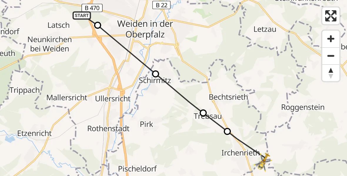 Flugroute Rettungshubschrauber Latsch - Irchenrieth, 18 Februar 2026, 06:40