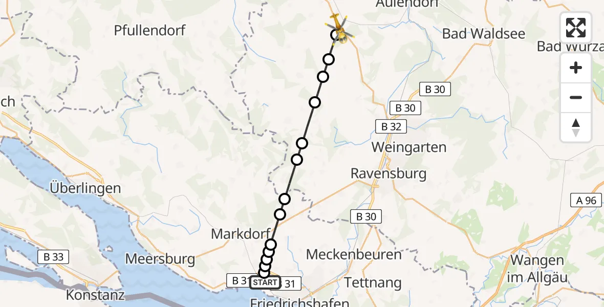 Flugroute Rettungshubschrauber Friedrichshafen Hospital Heliport - Altshausen, 18 Februar 2026, 06:54