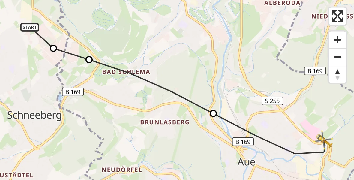 Flugroute Rettungshubschrauber Schneeberg - Helios Clinic Aue Heliport, 18 Februar 2026, 07:00