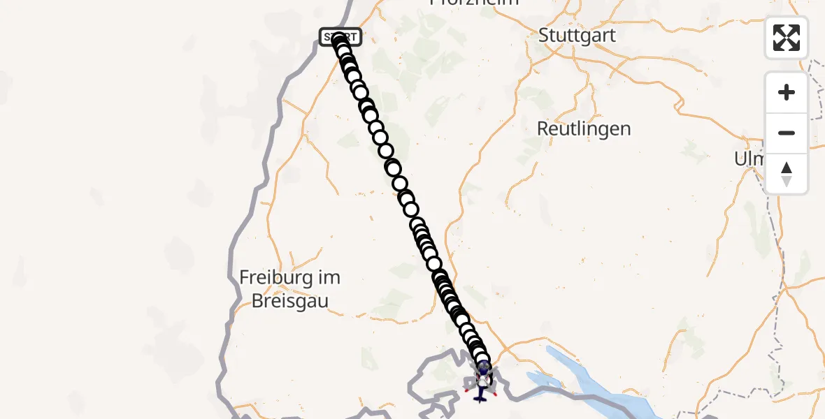 Flugroute Polizeihubschrauber Karlsruhe Baden-Baden Airport - Gailingen am Hochrhein, 18 Februar 2026, 07:21