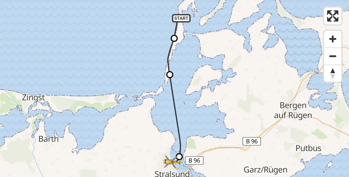 Flugroute Rettungshubschrauber Vitte - Stralsund, 18 Februar 2026, 07:30