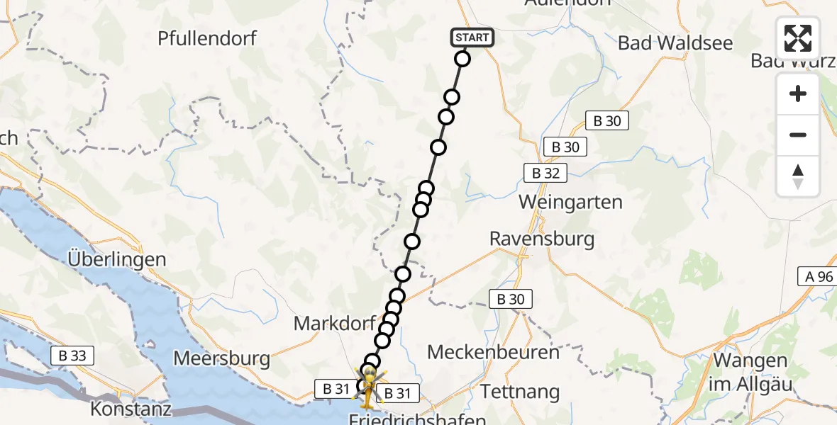 Flugroute Rettungshubschrauber Altshausen - Friedrichshafen Hospital Heliport, 18 Februar 2026, 07:33