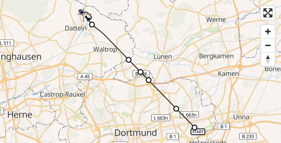 Flugroute Polizeihubschrauber Dortmund Airport - Datteln, 18 Februar 2026, 07:59