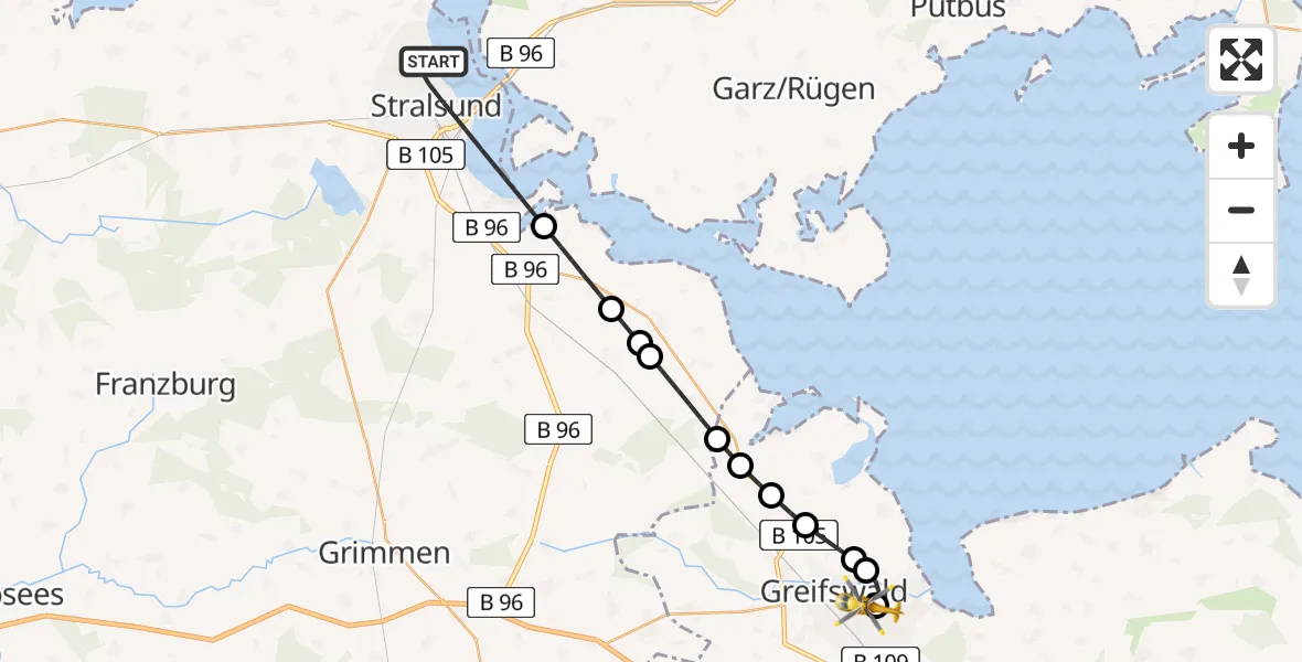 Flugroute Rettungshubschrauber Stralsund - Greifswald Hospital Heliport, 18 Februar 2026, 08:01