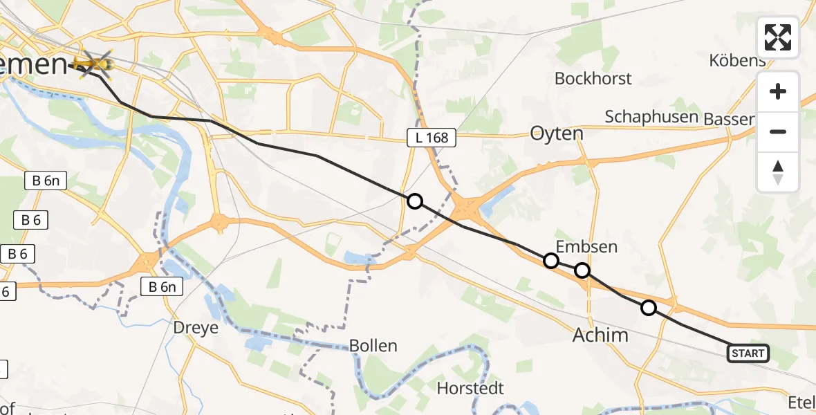 Flugroute Rettungshubschrauber Achim - Bremen-Ost, 18 Februar 2026, 08:01