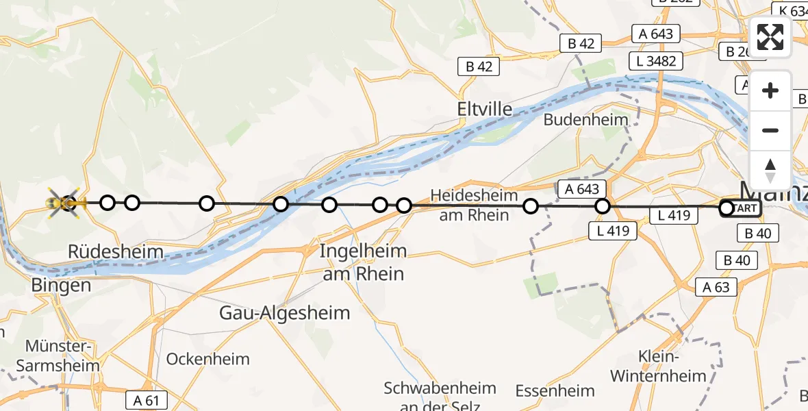 Flugroute Rettungshubschrauber Mainz University Hospital Heliport - Aulhausen, 18 Februar 2026, 08:05