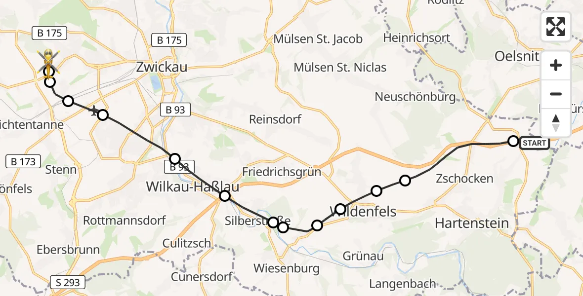 Routekaart van de vlucht: Rettungshubschrauber nach ADAC Air Rescue Station Zwickau Heliport