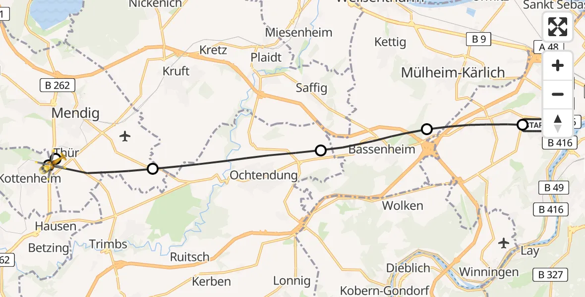 Flugroute Rettungshubschrauber Koblenz - Thür, 18 Februar 2026, 08:13