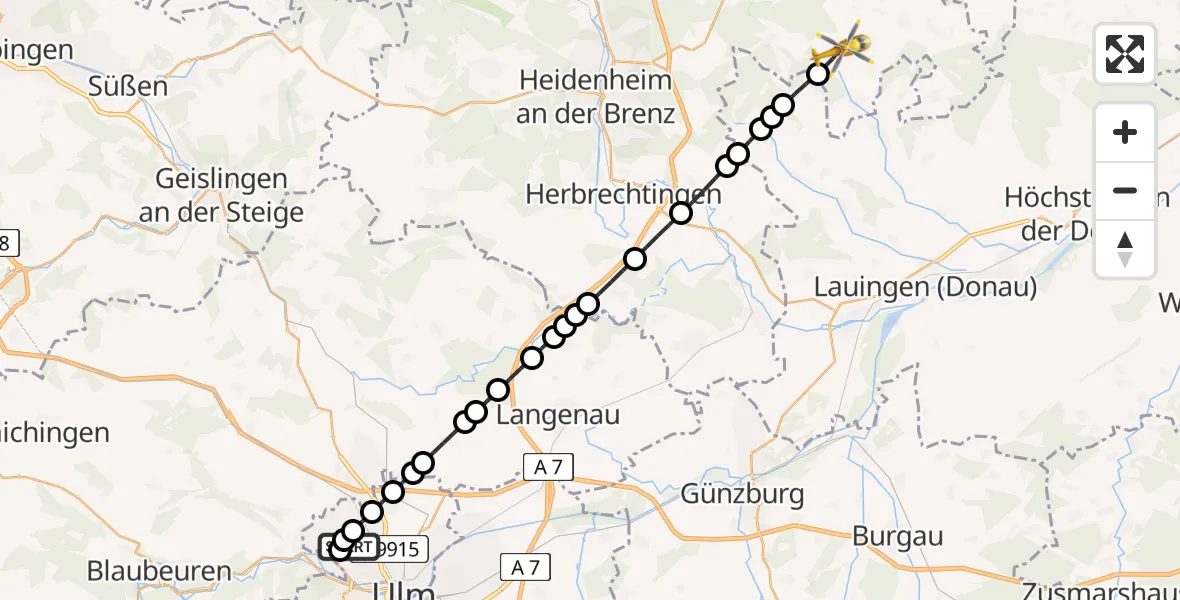 Flugroute Rettungshubschrauber ADAC Air Rescue Station Ulm (Christoph 22) - Dischingen, 18 Februar 2026, 08:15
