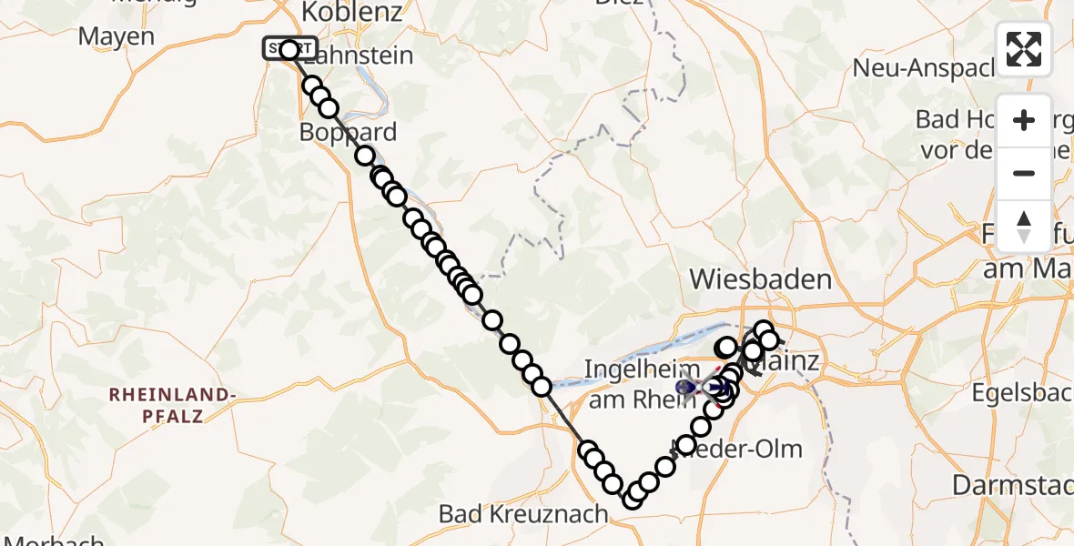 Flugroute Polizeihubschrauber Winningen - Mainz-Finthen Airfield, 18 Februar 2026, 08:30