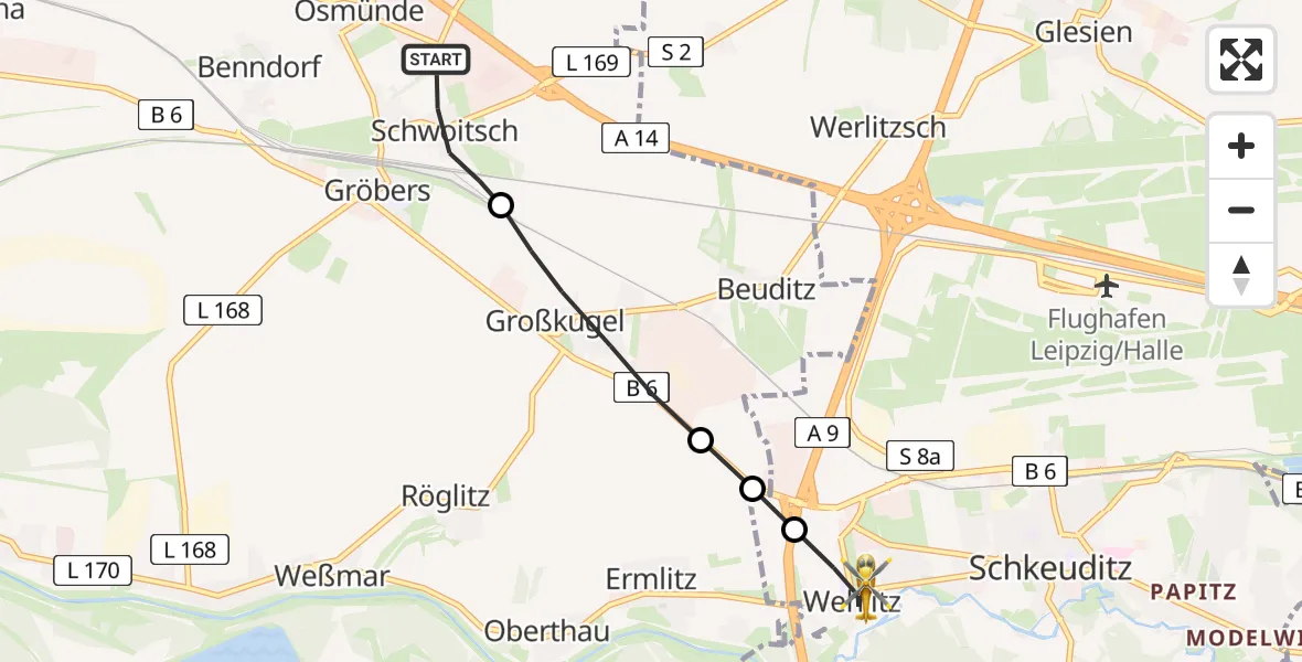 Flugroute Rettungshubschrauber Schwoitsch - Wehlitz, 18 Februar 2026, 08:34