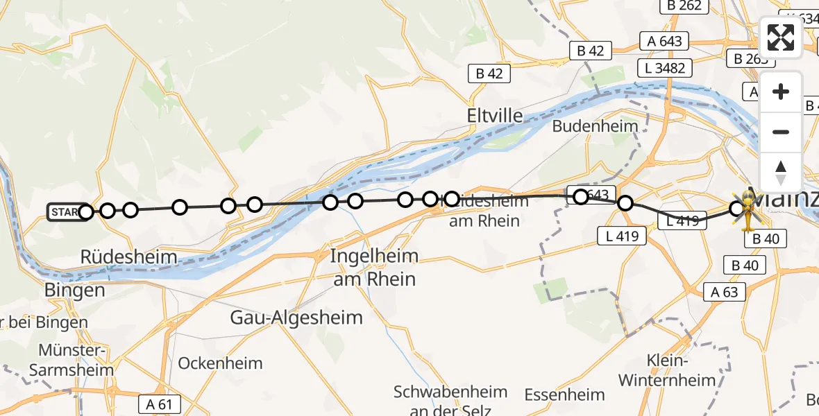 Flugroute Rettungshubschrauber Aulhausen - Mainz University Hospital Heliport, 18 Februar 2026, 08:40