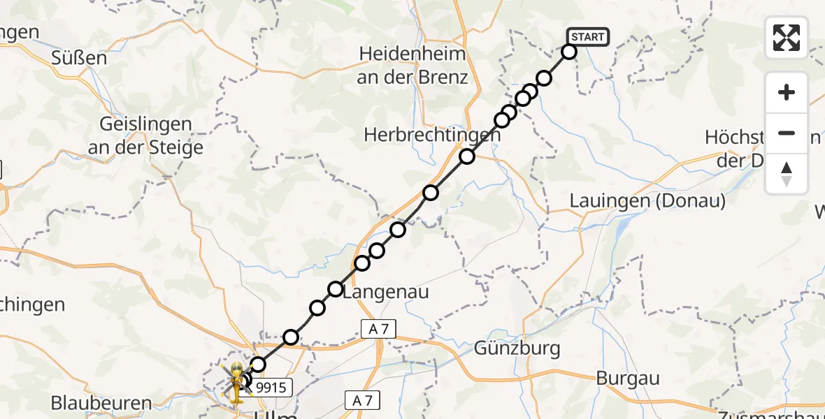 Routekaart van de vlucht: Rettungshubschrauber nach ADAC Air Rescue Station Ulm (Christoph 22)