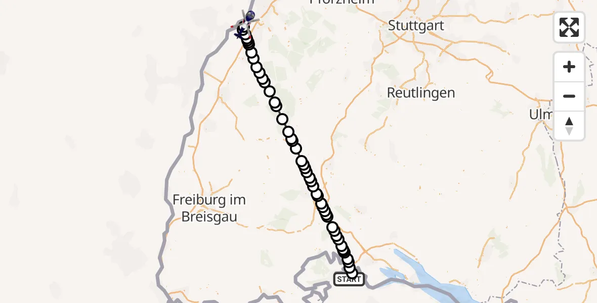 Flugroute Polizeihubschrauber Gailingen am Hochrhein - Karlsruhe Baden-Baden Airport, 18 Februar 2026, 08:57