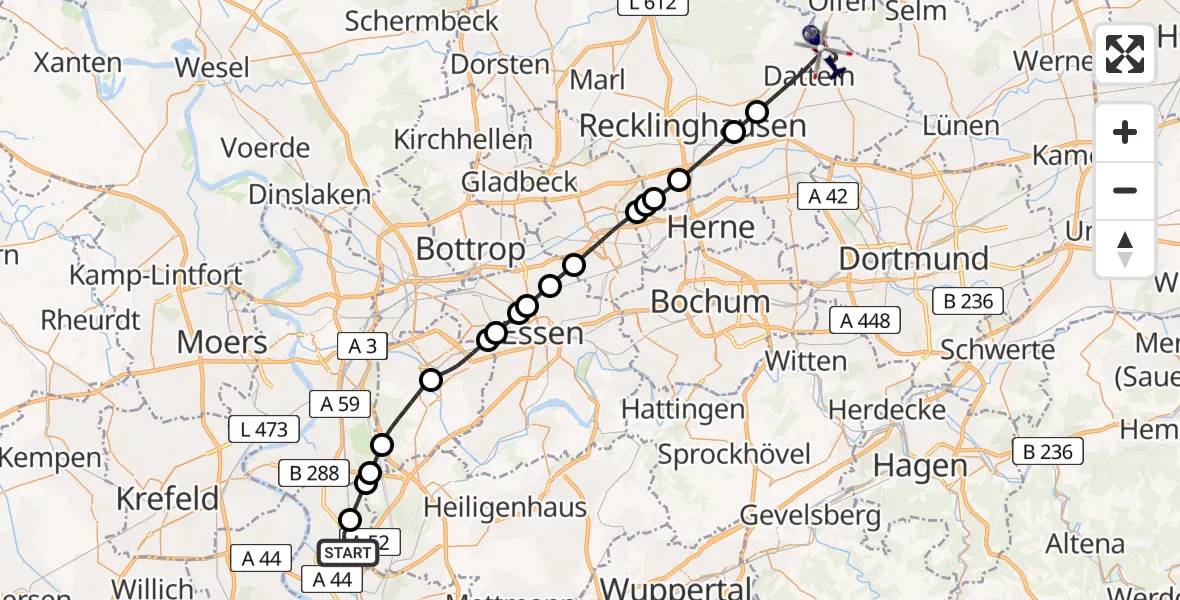 Flugroute Polizeihubschrauber Düsseldorf Airport - Datteln, 18 Februar 2026, 09:13