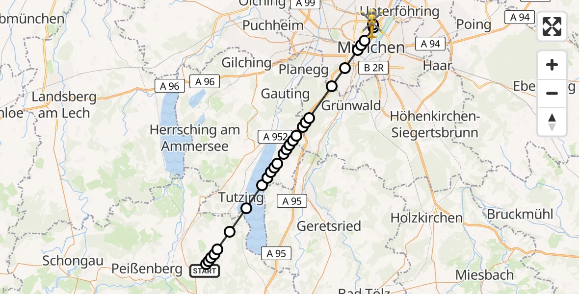 Flugroute Rettungshubschrauber Obereberfing - München, 18 Februar 2026, 09:17
