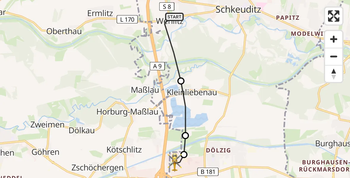 Flugroute Rettungshubschrauber Wehlitz - ADAC Air Rescue Station Leipzig/Schkeuditz-Dölzig Heliport (Christoph 61), 18 Februar 2026, 09:22