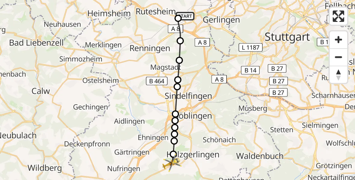 Flugroute Rettungshubschrauber Leonberg Hospital Heliport - Hildrizhausen, 18 Februar 2026, 09:25