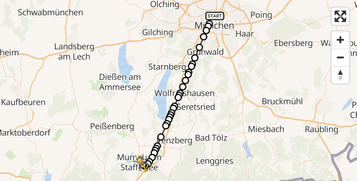 Flugroute Rettungshubschrauber München - Murnau Accident Hospital Heliport, 18 Februar 2026, 09:42