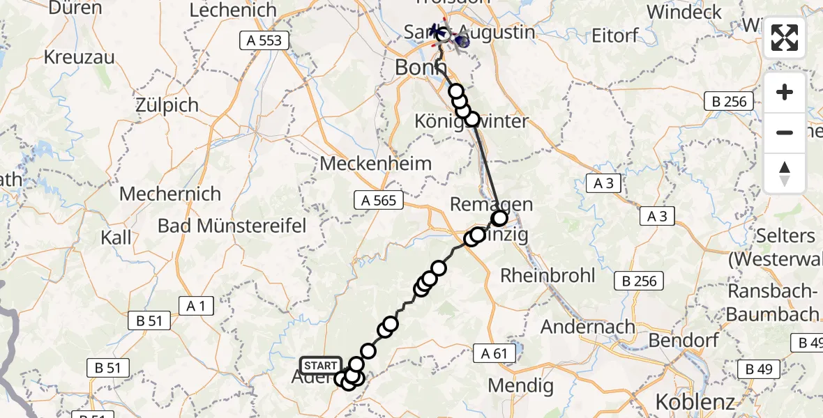 Flugroute Polizeihubschrauber Adenau - Sankt Augustin, 18 Februar 2026, 10:10