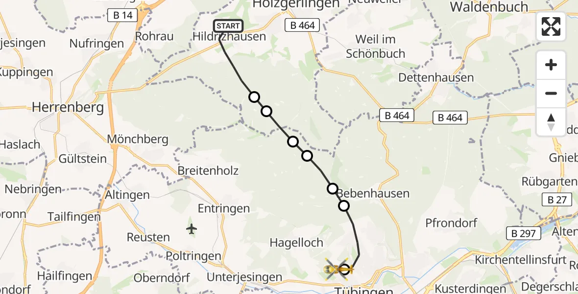 Routekaart van de vlucht: Rettungshubschrauber nach Tübingen University Hospital Heliport
