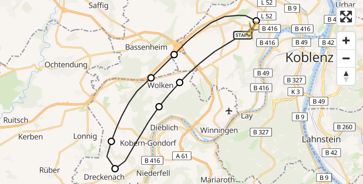 Flugroute Rettungshubschrauber Rübenach - Koblenz, 18 Februar 2026, 10:35