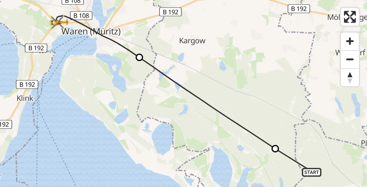 Flugroute Rettungshubschrauber Kargow - Waren (Müritz), 18 Februar 2026, 10:50