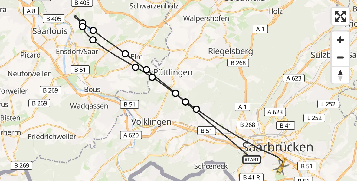 Flugroute Rettungshubschrauber Saarbrücken - Saarbrücken, 18 Februar 2026, 10:57