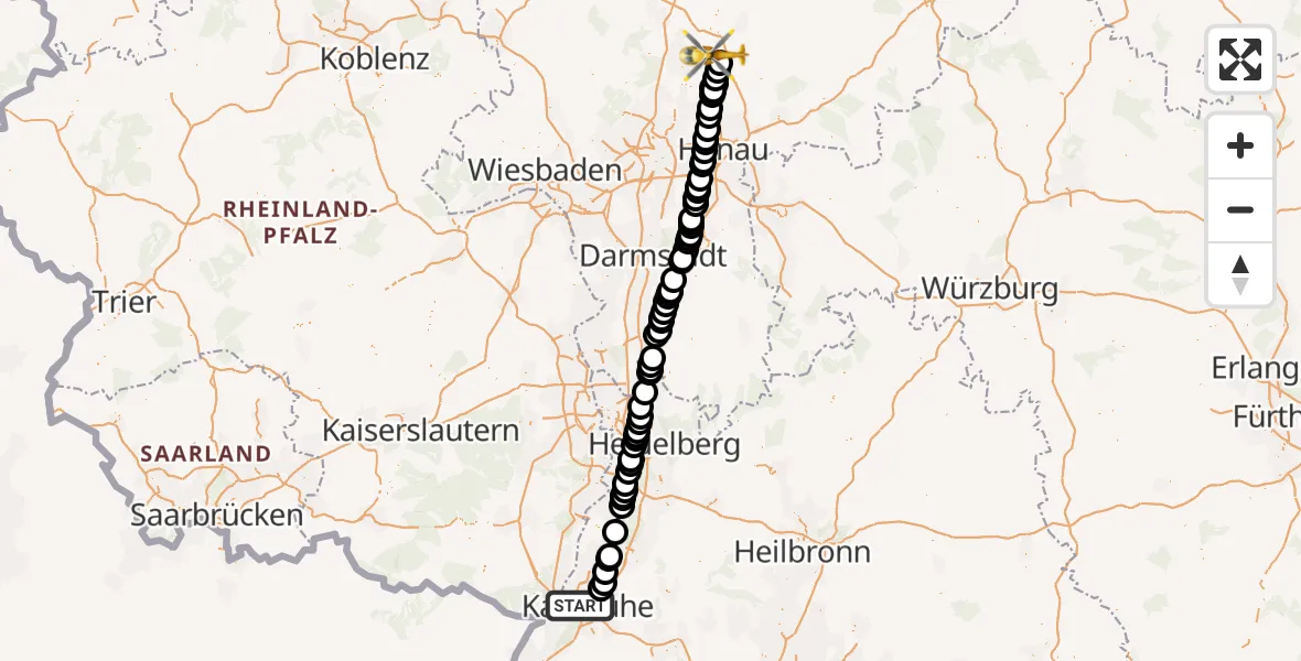 Flugroute Ambulanzhubschrauber Karlsruhe - Bingenheim, 18 Februar 2026, 11:12