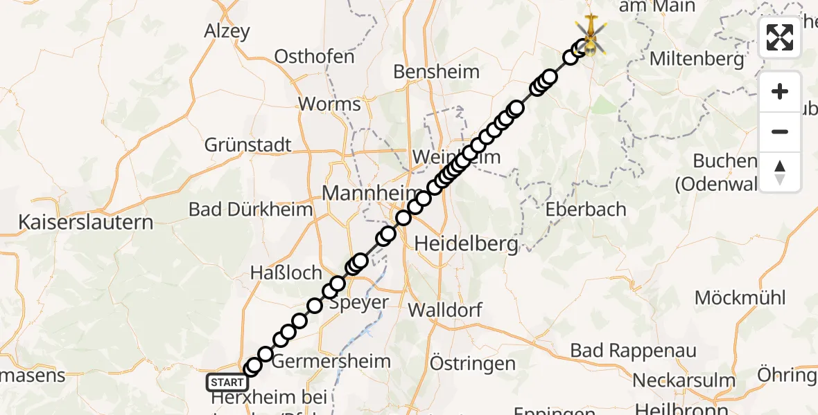 Flugroute Rettungshubschrauber Landau in der Pfalz - Bad König, 18 Februar 2026, 11:13