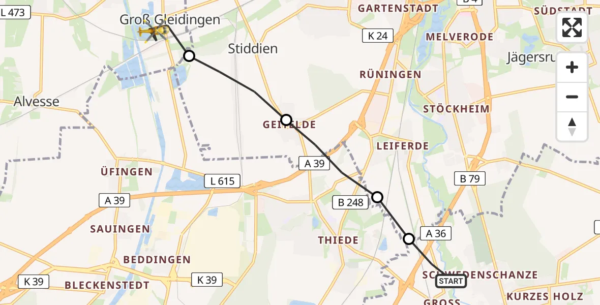 Routekaart van de vlucht: Rettungshubschrauber nach Vechelde, Friedhofsweg