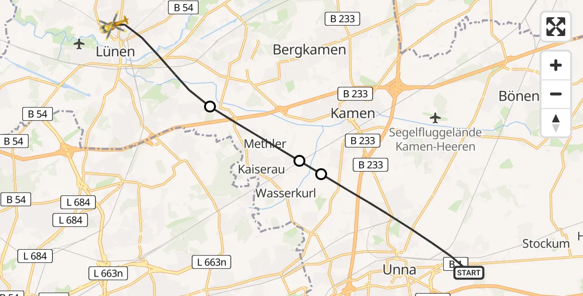 Flugroute Rettungshubschrauber Unna - Lünen, 18 Februar 2026, 11:27