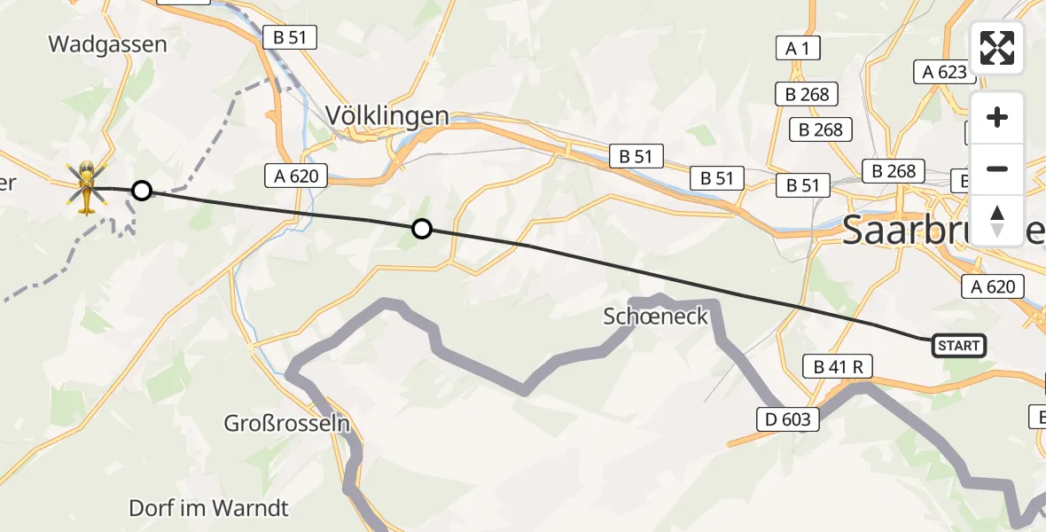Flugroute Rettungshubschrauber Saarbrücken - Wadgassen, 18 Februar 2026, 11:41